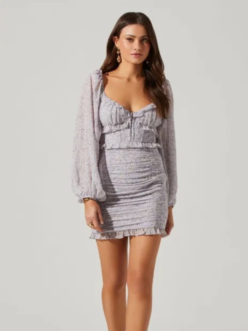 ASTR The Label Floral Print Ruched Mini Dress in Lavender